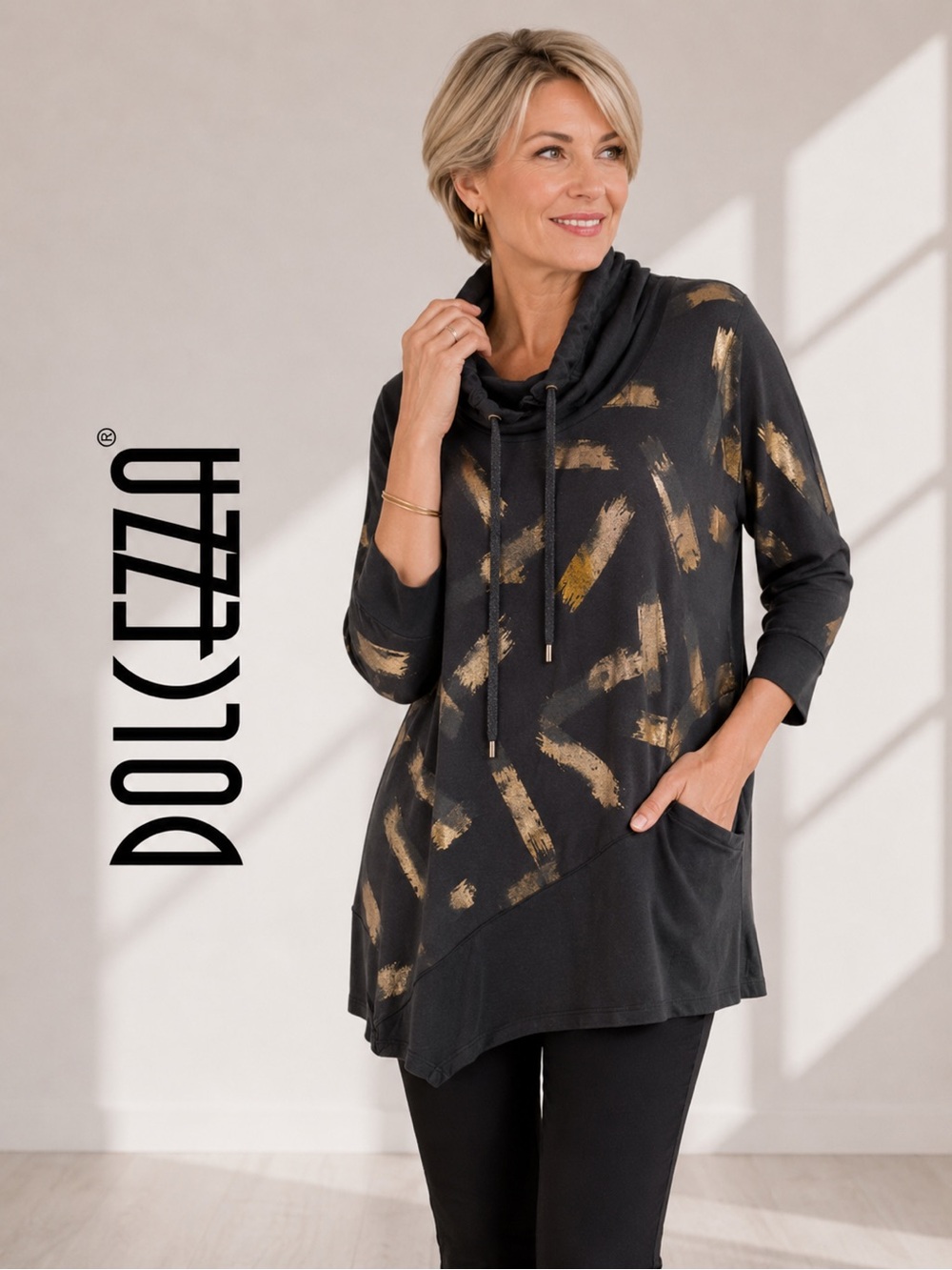 3👚/ 25$ Max -Dolcezza Cowl Neck Abstract Print Tunic Top Black Gold  | Large